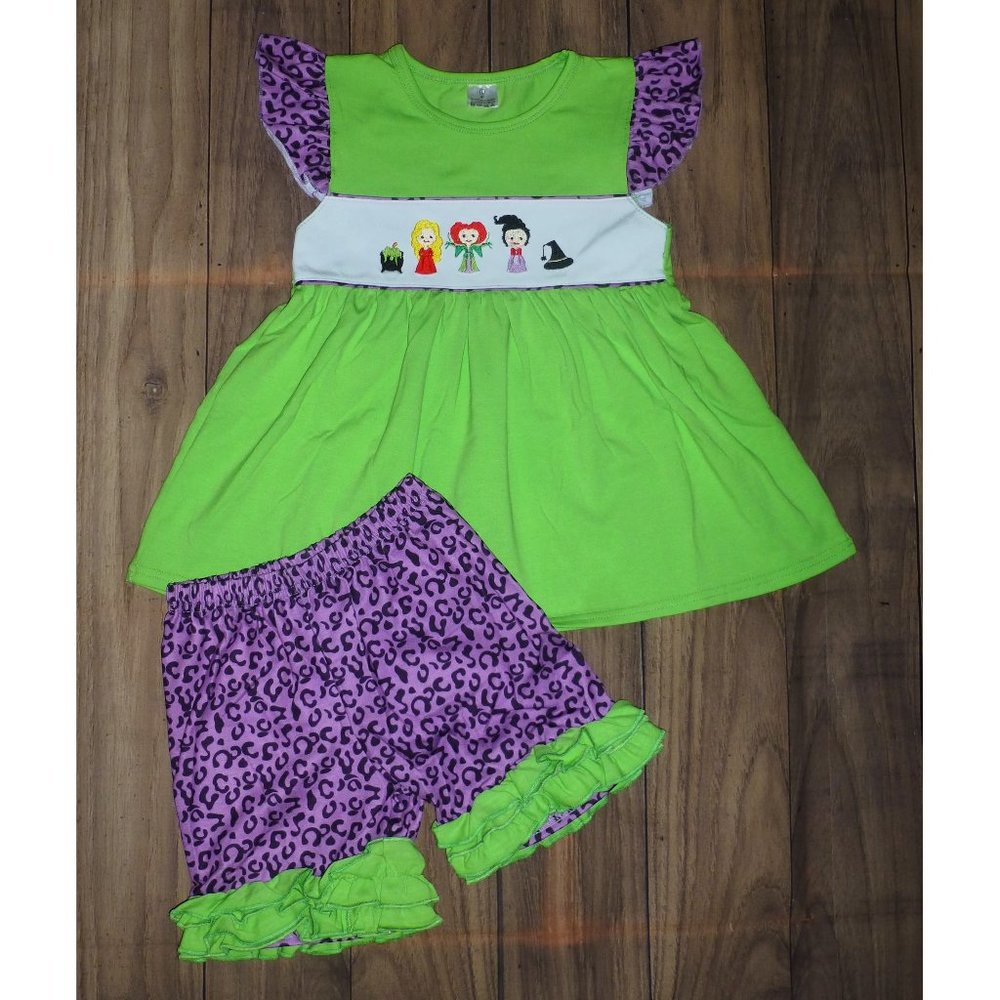 Boutique Girls Halloween Hocus Pocus Embroidered Tunic & Shorts Outfit Set
